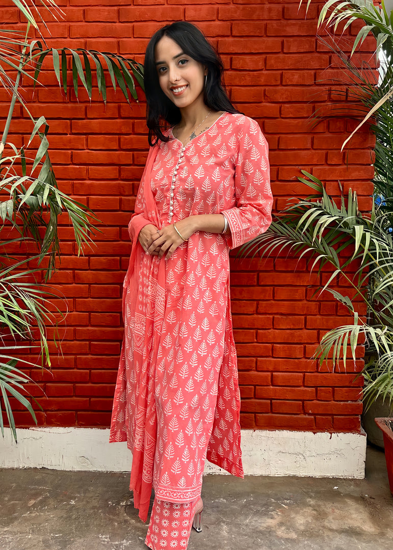 Peach Cotton Block Print Suit & Georgette Dupatta