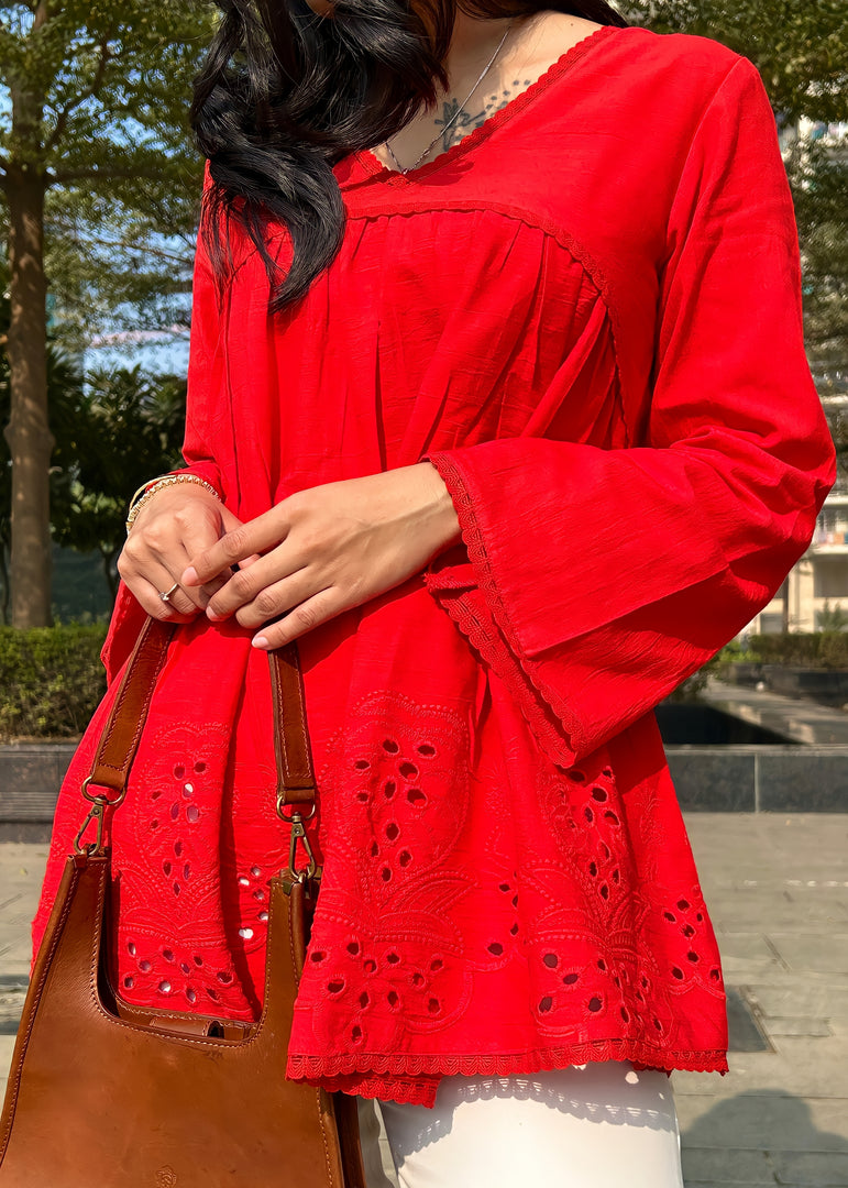 Red Cotton Shiffli A-Line Empire Top