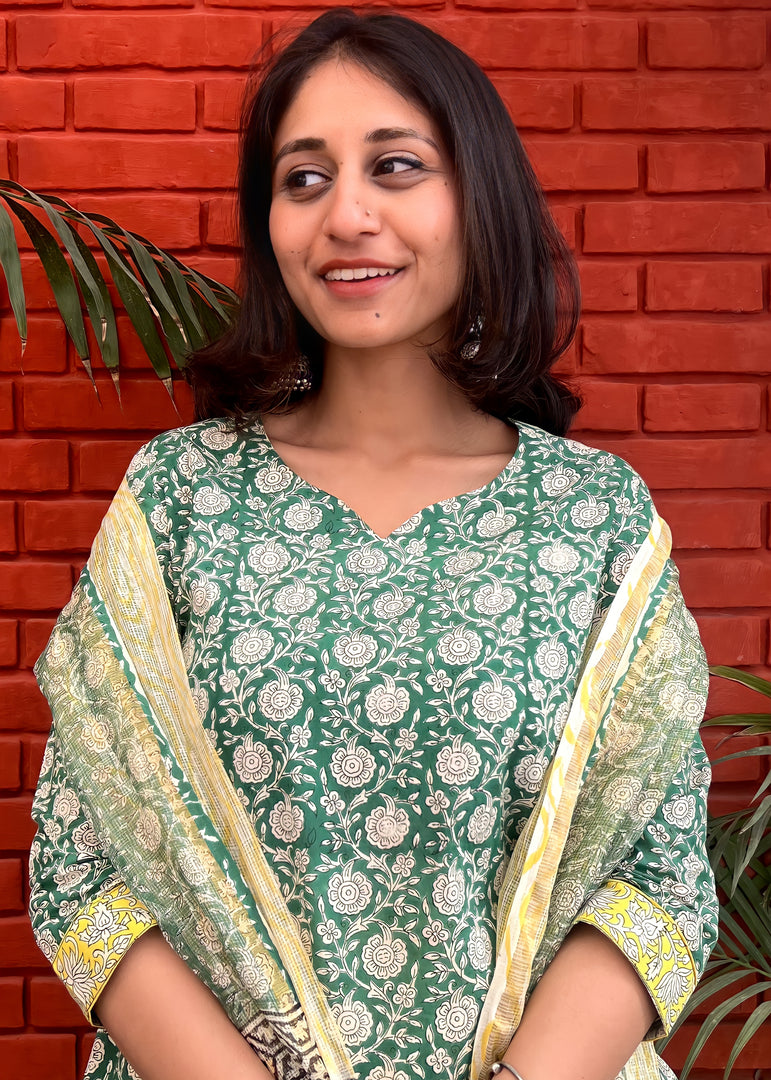 Green-White Cotton Suit & Kota Doria Dupatta