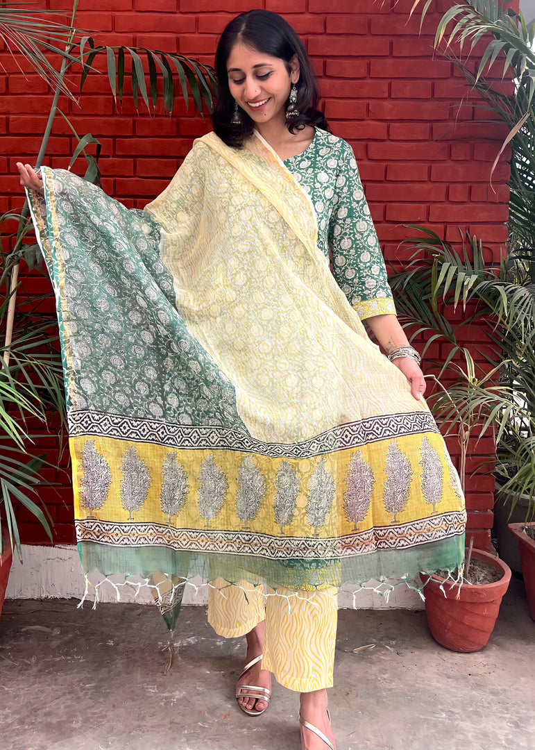 Green-White Cotton Suit & Kota Doria Dupatta