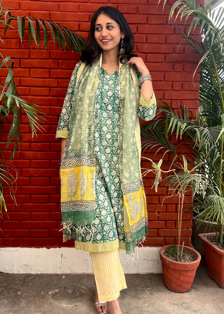 Green-White Cotton Suit & Kota Doria Dupatta