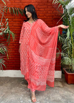Load image into Gallery viewer, Peach Cotton Block Print Suit &amp; Georgette Dupatta
