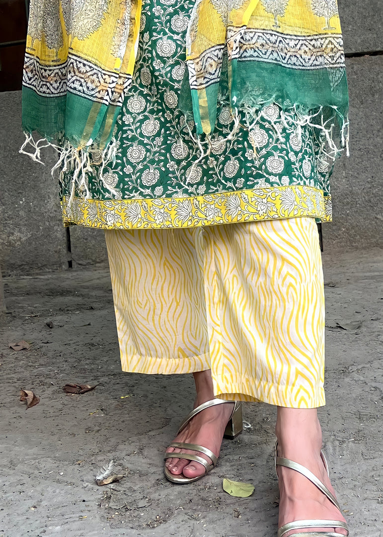 Green-White Cotton Suit & Kota Doria Dupatta