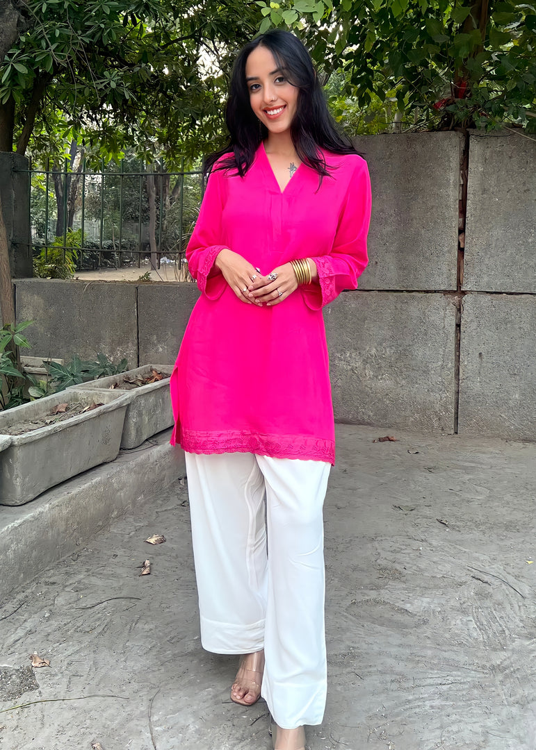 Hot - Pink Rayon Tunic with White Pants