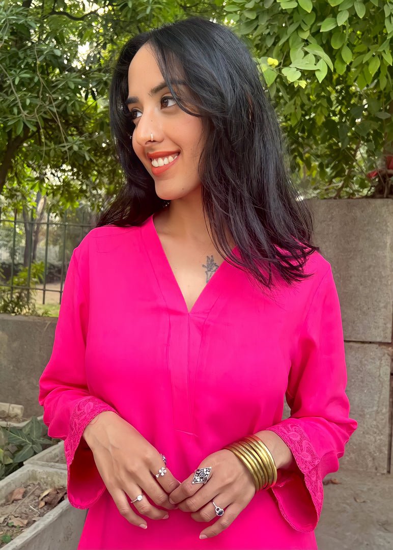 Hot - Pink Rayon Tunic with White Pants