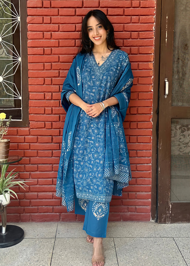 Blue Cotton Block Print Suit & Mulmul Dupatta