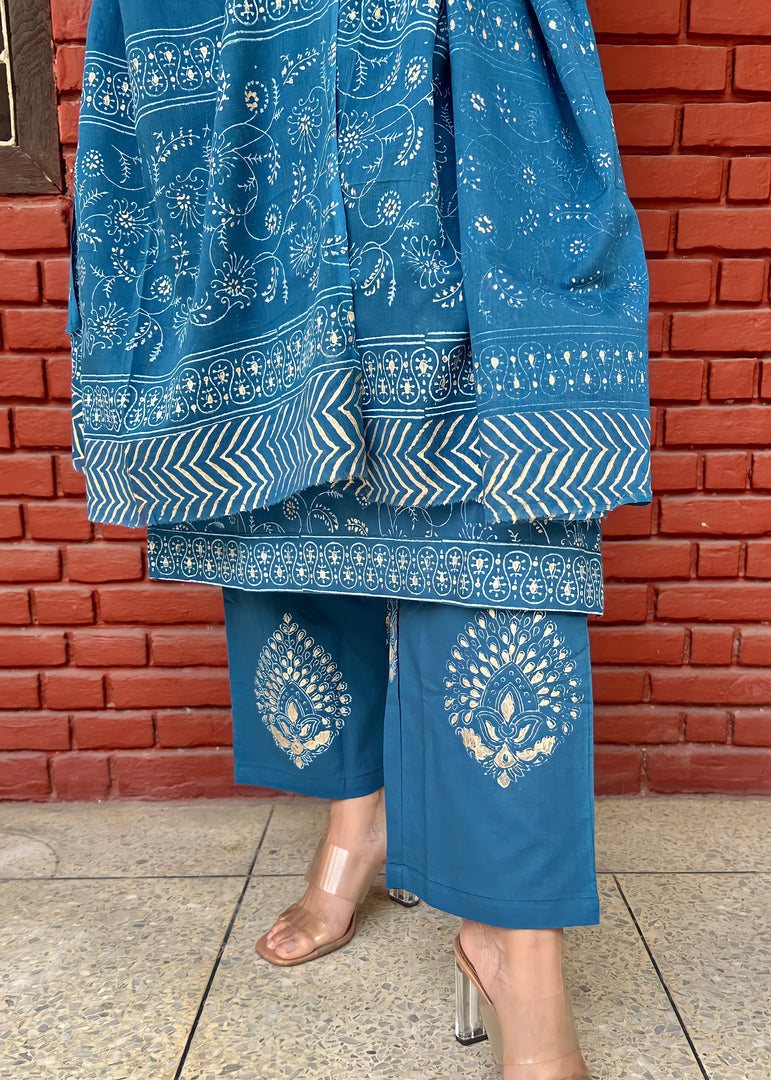 Blue Cotton Block Print Suit & Mulmul Dupatta