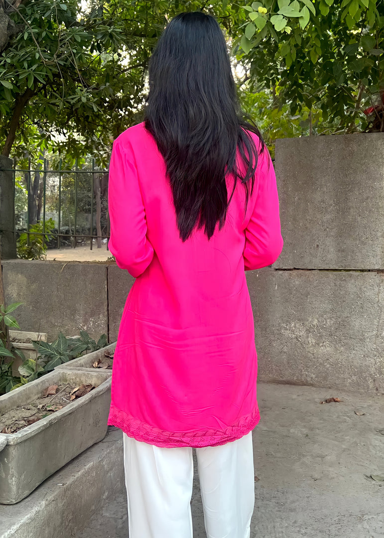 Hot - Pink Rayon Tunic with White Pants
