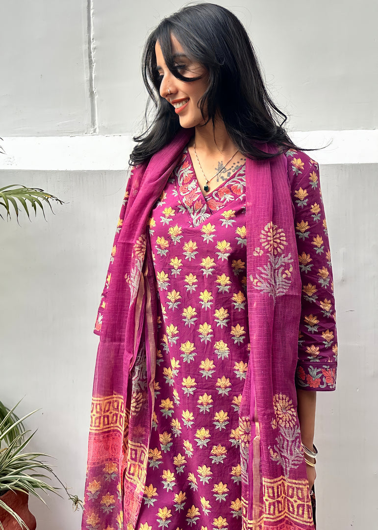 Purple Cotton Block Print Suit & Kota Doria Dupatta