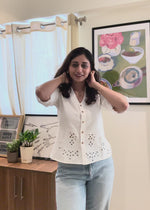 Load and play video in Gallery viewer, White Cotton Schiffli Cropped Shirt
