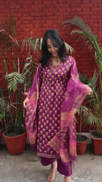 Load and play video in Gallery viewer, Purple Cotton Block Print Suit &amp; Kota Doria Dupatta
