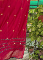 Load and play video in Gallery viewer, Black Ajrak Cotton Suit &amp; Red Mirror Work Mulmul Dupatta
