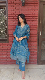 Load and play video in Gallery viewer, Blue Cotton Block Print Suit &amp; Mulmul Dupatta
