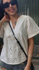 Load and play video in Gallery viewer, White Cotton Shiffli Top with Gathers
